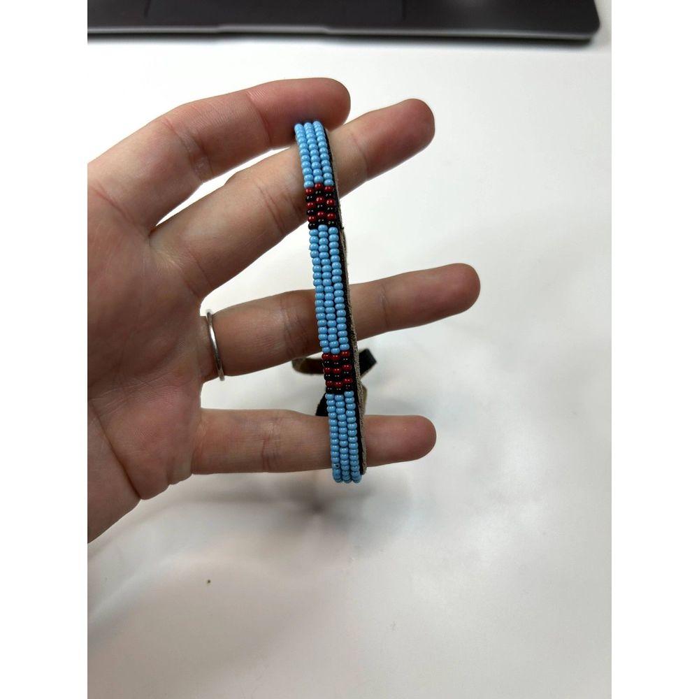 Handmade Native American Friendship Bracelet Beads and Leather Blue and Red